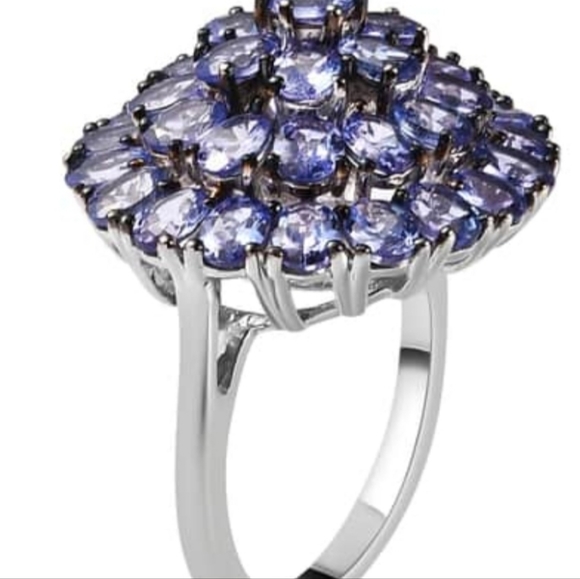 Genuine Tanzanite Cluster Ring in Platinum over Sterling Silver Sz 6 - Picture 6 of 12